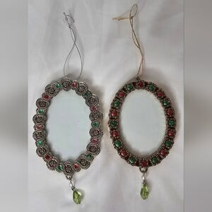 VTG Jeweled Metal Christmas Frame Ornaments – Red & Green Gem Accents Set of 2